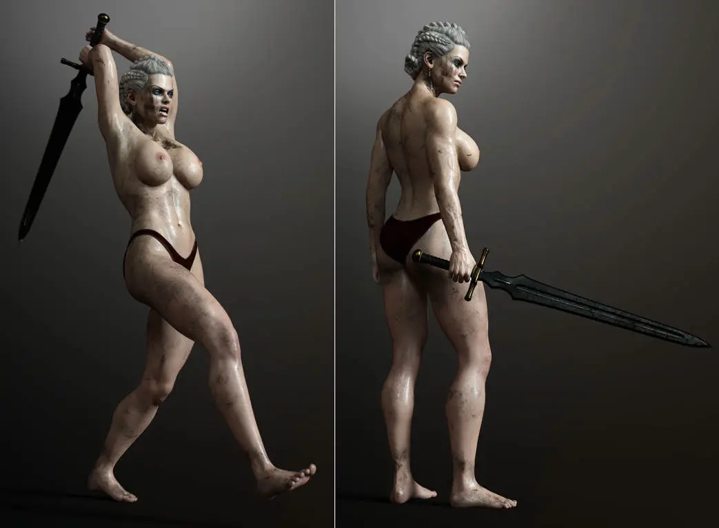 Image 1girls,breasts,female,white_hair,panties,medium_breasts,original,3d,black_panties,topless,topless_female,weapon,sword,ironclawroo