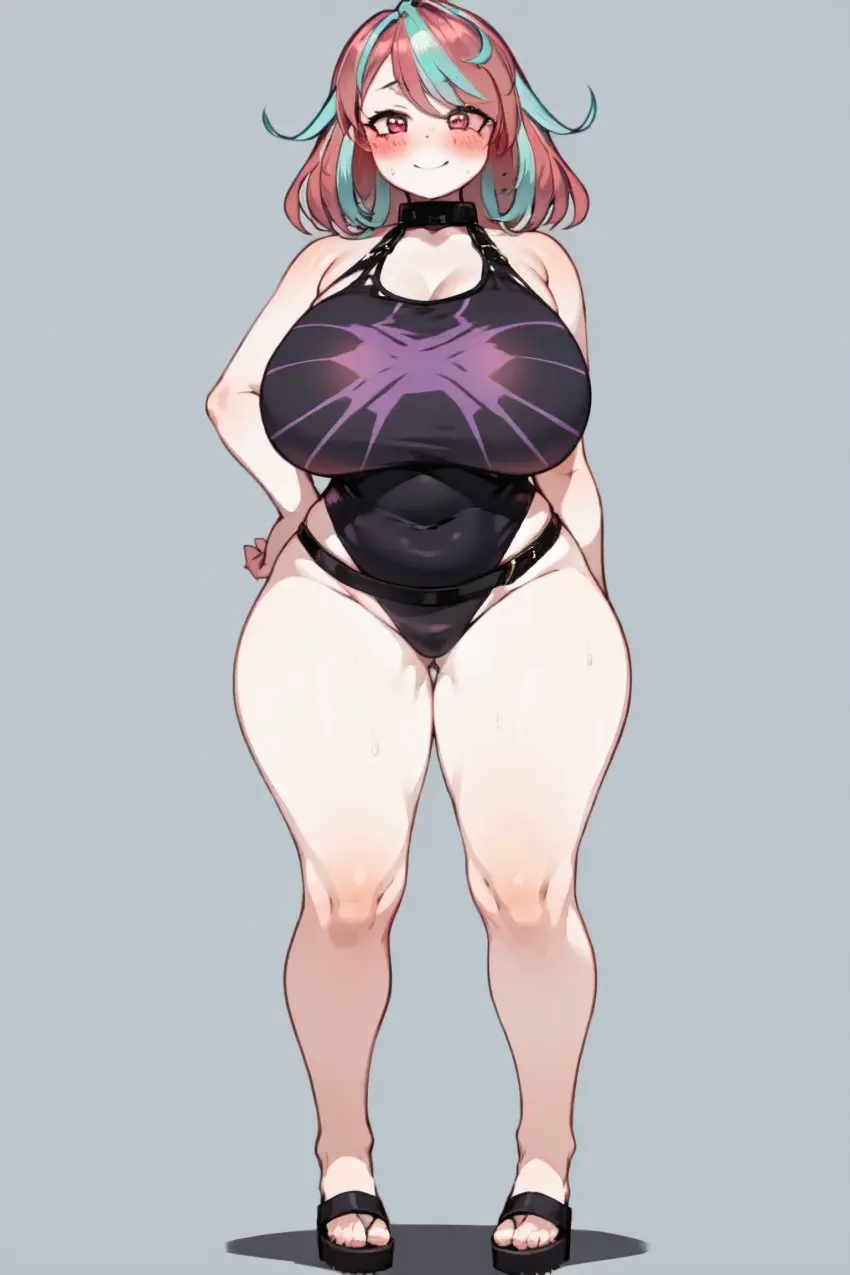 Image breasts,female,smile,multicolored_hair,wide_hips,virtual_youtuber,ai_generated,huge_breasts,vtuber,swimsuit,ricochetk,emikukis