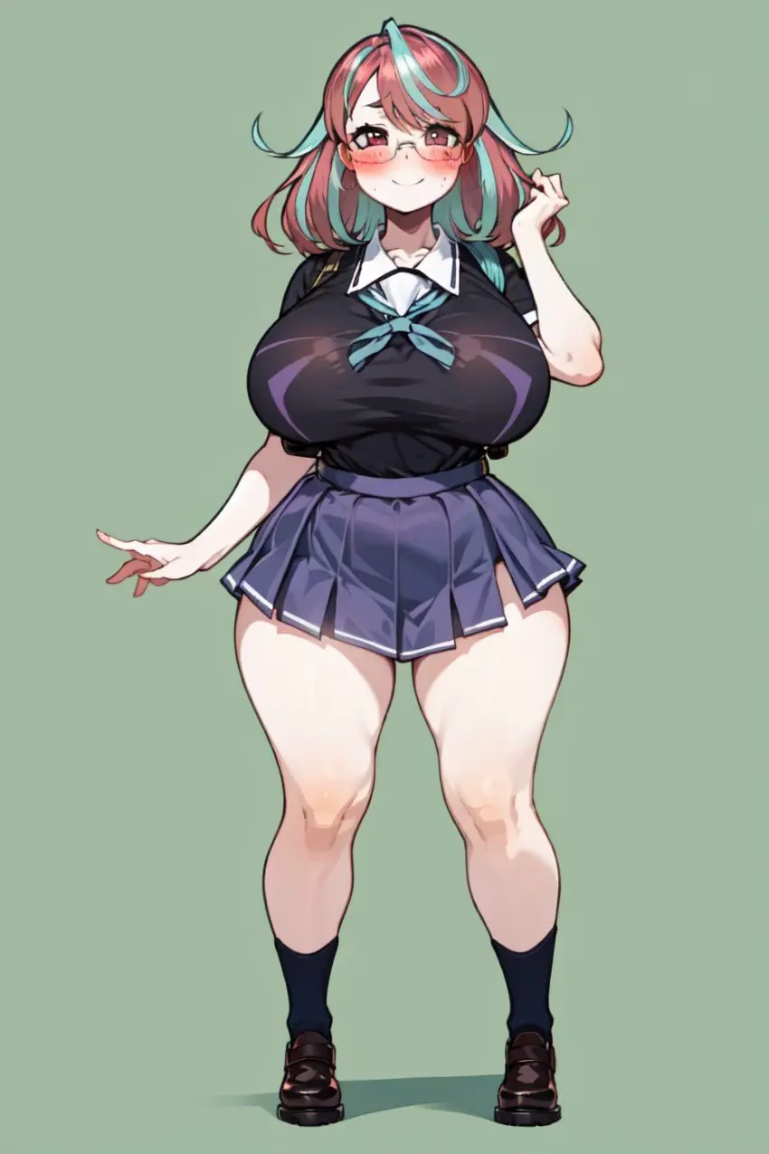Image breasts,female,smile,multicolored_hair,wide_hips,virtual_youtuber,ai_generated,huge_breasts,vtuber,schoolgirl,school_uniform,ricochetk,emikukis