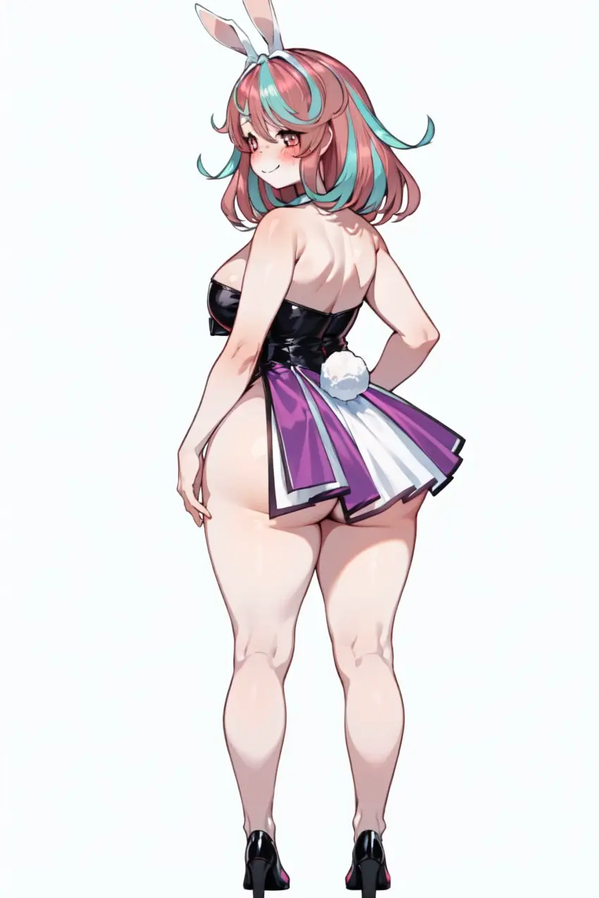 Image breasts,female,smile,multicolored_hair,wide_hips,virtual_youtuber,ai_generated,from_behind,huge_breasts,vtuber,high_heels,bunnysuit,ricochetk,emikukis