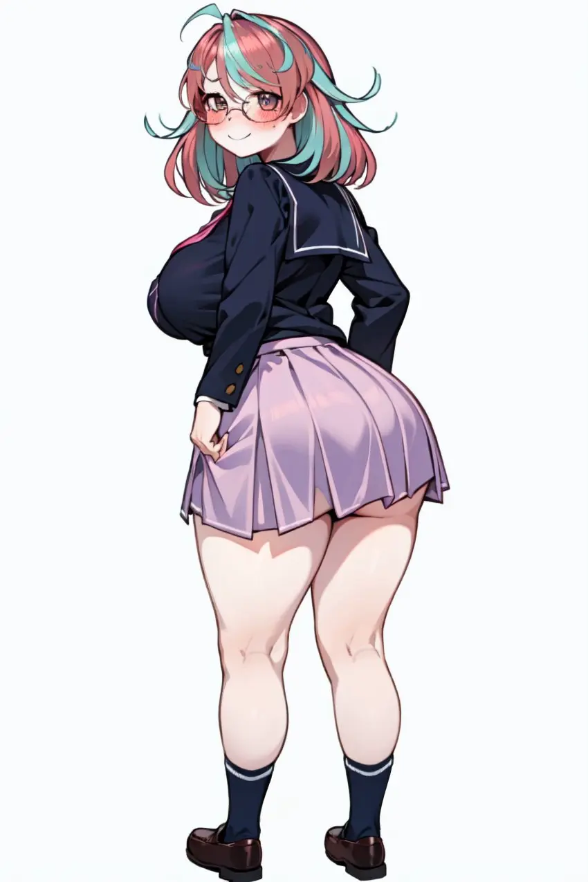 Image breasts,female,smile,multicolored_hair,wide_hips,virtual_youtuber,ai_generated,from_behind,huge_breasts,vtuber,schoolgirl,school_uniform,ricochetk,emikukis