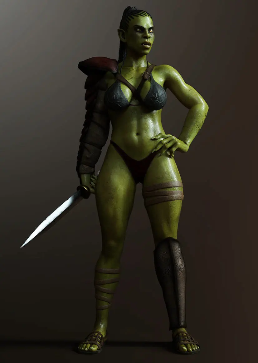 Image 1girls,female,black_hair,bikini,green_skin,original,3d,weapon,sandals,orc,sword,orc_female,green-skinned_female,skimpy_armor,ironclawroo
