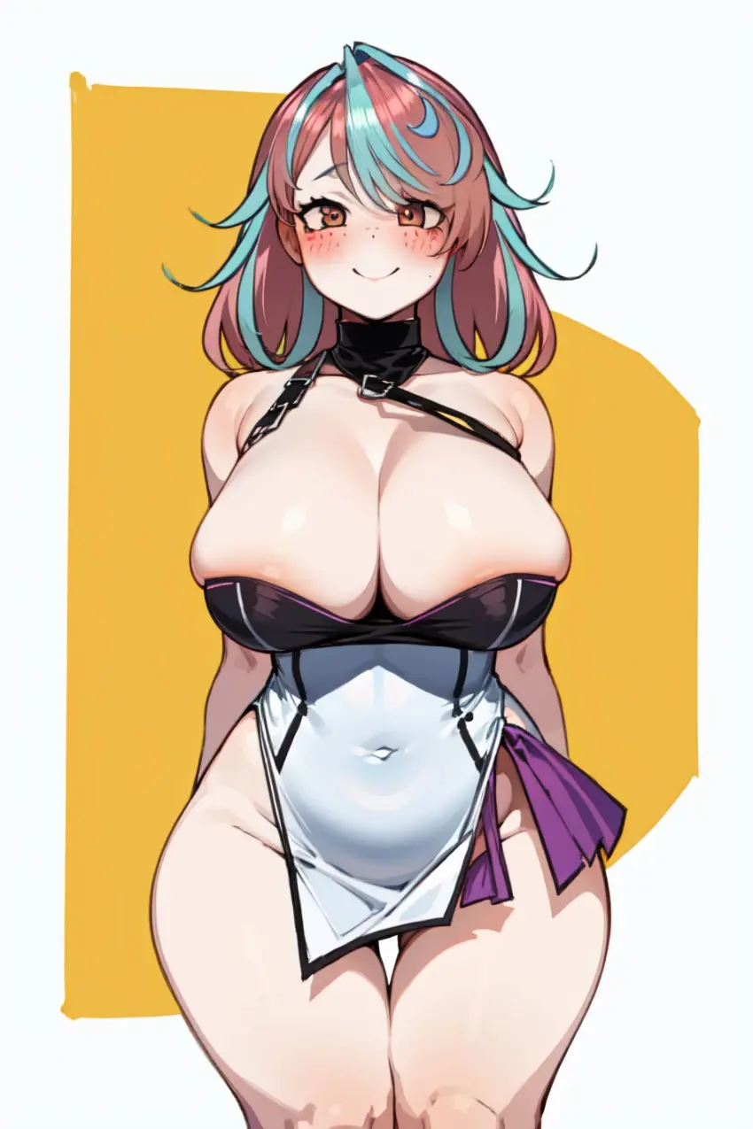 Image breasts,female,smile,multicolored_hair,wide_hips,virtual_youtuber,ai_generated,huge_breasts,vtuber,ricochetk,emikukis