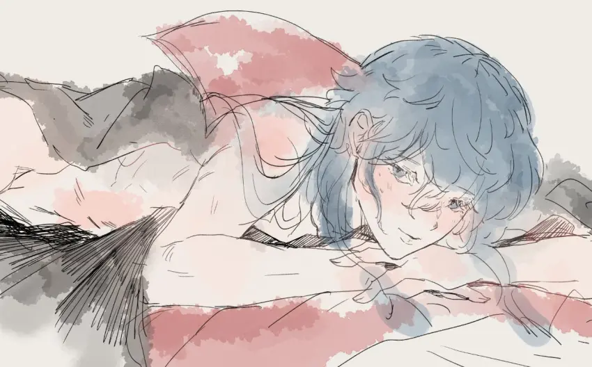 Image looking_at_viewer,smile,solo,1boy,blue_eyes,blue_hair,male,nude,femboy,male_only,nude_male,completely_nude,on_stomach,nintendo,fire_emblem,alternate_hairstyle,fire_emblem:_genealogy_of_the_holy_war,seliph_(fire_emblem),byebyefrog