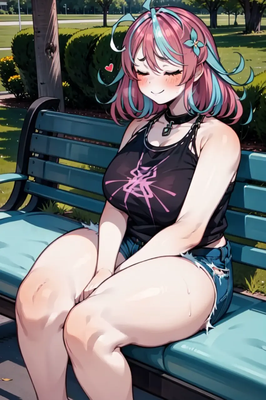 Image breasts,female,smile,multicolored_hair,wide_hips,virtual_youtuber,ai_generated,huge_breasts,vtuber,sitting,sleeping,ricochetk,emikukis
