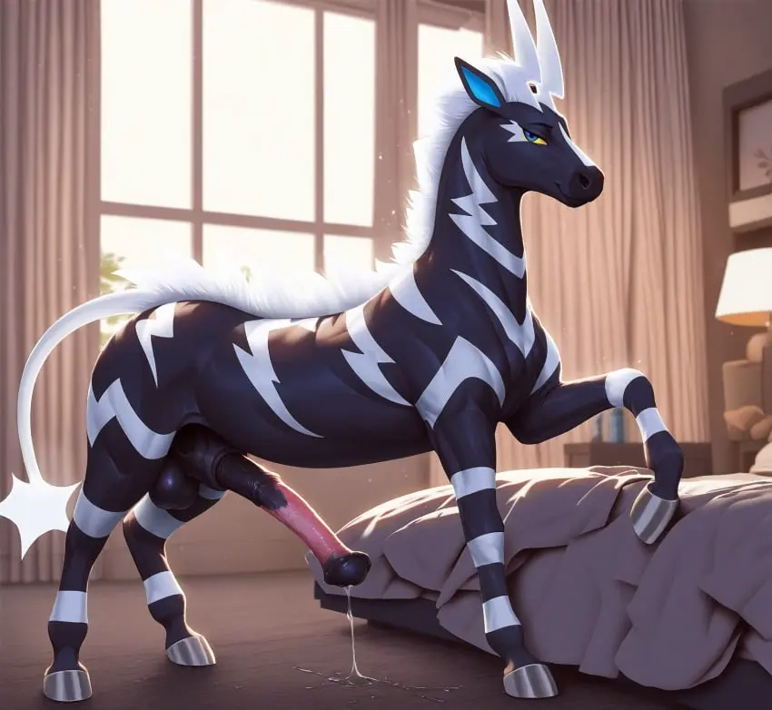 Image hi_res,solo,blue_eyes,male,penis,pokemon,pokemon_(species),ai_generated,balls,presenting,genital_fluids,bedroom,bodily_fluids,fur,genitals,inside,mammal,precum,black_body,generation_5_pokemon,window,animal_genitalia,animal_penis,hooves,feral,equine_genitalia,equid,equine,quadruped,novelai,equine_penis,black_fur,presenting_penis,mane,white_mane,zebstrika,count_grey