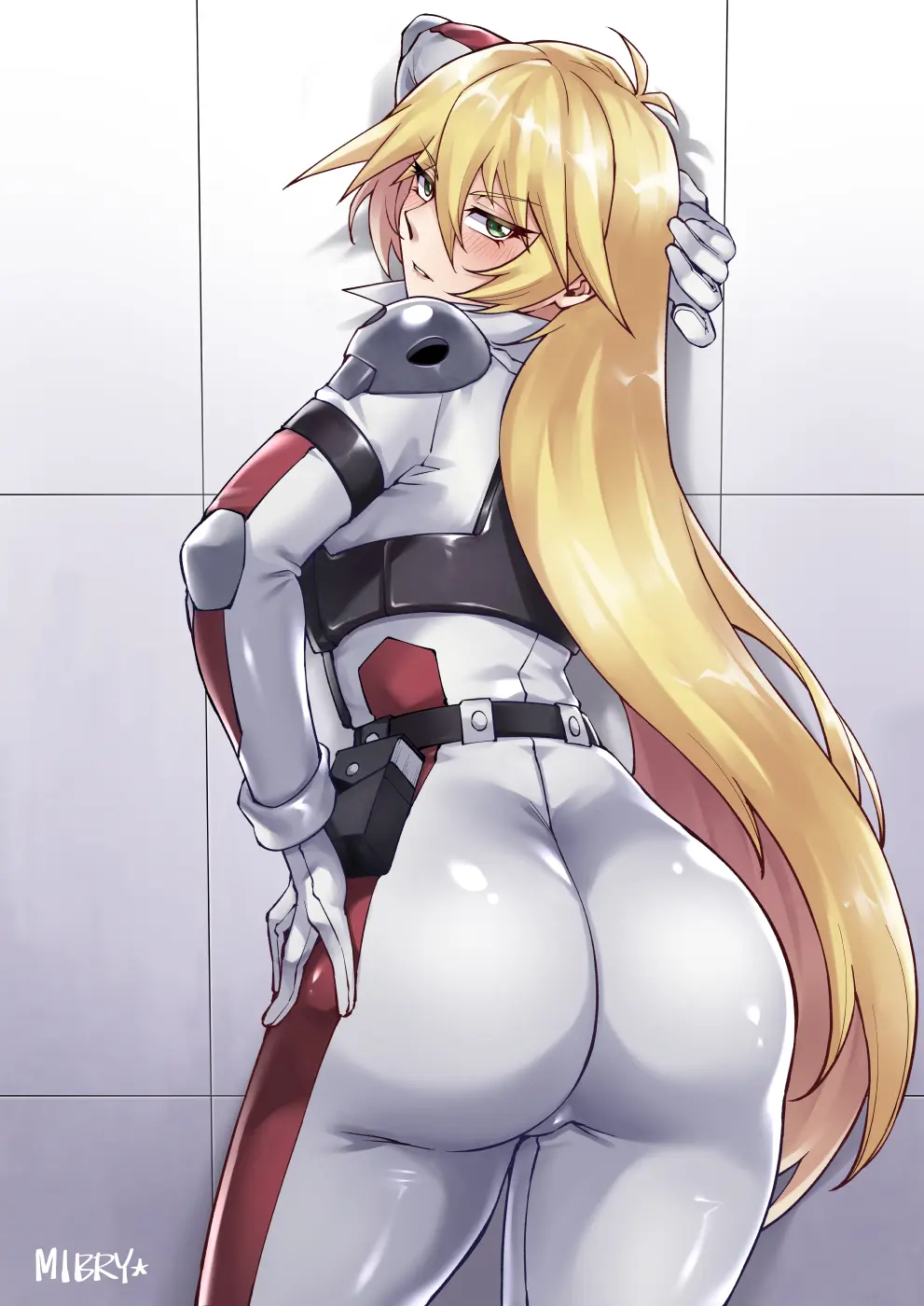 Image 1girls,blush,female,female_only,long_hair,looking_at_viewer,ass,looking_back,uncensored,solo_focus,blonde_hair,green_eyes,yu-gi-oh!,hair_between_eyes,ass_focus,bodysuit,biker_clothes,biker_girl,snowbunny,yu-gi-oh!_5d's,bikesuit,mibry_(phrysm),motorcycle_suit,sherry_leblanc