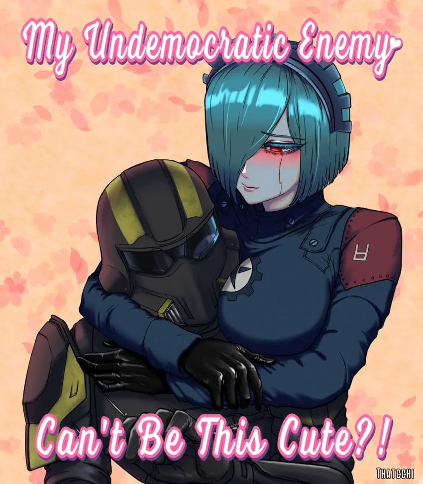 Image 1girls,female,red_eyes,1boy,male,hair_over_one_eye,text,english_text,meme,hugging,armor,robot,robot_humanoid,helldivers,helldivers_2,helldiver_(helldivers),soldier,teal_hair,automaton_(helldivers),commissar_(helldivers_2),thatcchi