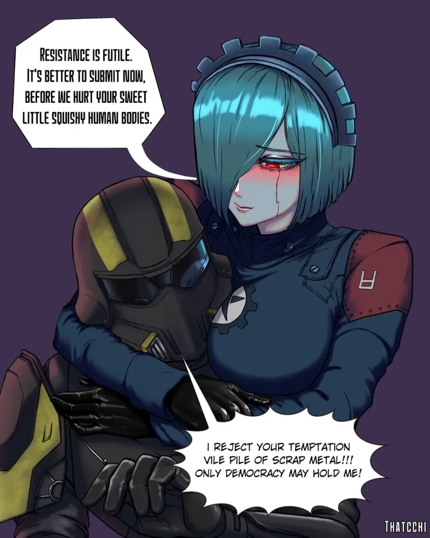 Image 1girls,female,red_eyes,1boy,male,hair_over_one_eye,text,english_text,speech_bubble,meme,hugging,armor,robot,robot_humanoid,helldivers,helldivers_2,helldiver_(helldivers),soldier,teal_hair,automaton_(helldivers),commissar_(helldivers_2),thatcchi