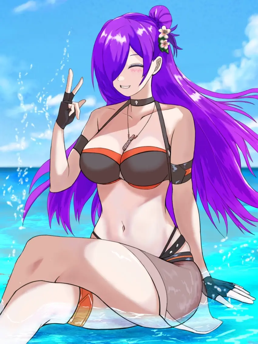 Image 1girls,female,female_only,hair_ornament,highres,smile,solo,choker,bikini,hair_over_one_eye,water,swimsuit,purple_hair,nintendo,black_choker,official_alternate_costume,alternate_costume,black_bikini,flower,hair_flower,fire_emblem,fire_emblem:_three_houses,fire_emblem_heroes,white_flower,black_swimsuit,fire_emblem_warriors:_three_hopes,shez_(fire_emblem),shez_(fire_emblem)_(female),matchanosuke_fe