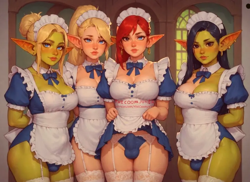 Image big_breasts,blush,breasts,clothed,clothing,large_breasts,looking_at_viewer,black_hair,blue_eyes,thighhighs,red_hair,panties,thighs,erection,futanari,intersex,ai_generated,eyelashes,blonde_hair,green_skin,elf,pointy_ears,futa_only,bulge,erection_under_clothes,maid,maid_outfit,maid_uniform,dickgirl,black_eyes,heterochromia,maid_headdress,garter_belt,ai_assisted,eyeliner,garter_straps,elf_futa,goblin,maid_apron,goblin_futa,thecoomjurer,panty_bulge,4futas