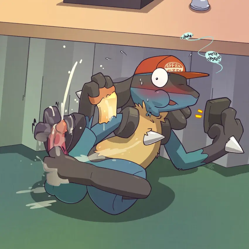 Image blush,clothing,hi_res,solo,1boy,cum,male,penis,pokemon,pokemon_(species),sweat,hat,erection,headwear,feet,male_only,headgear,balls,text,foot_fetish,absurd_res,ejaculation,nintendo,genital_fluids,masturbation,bodily_fluids,genitals,dialogue,english_text,cumshot,anthro_only,speech_bubble,toes,penile,generation_4_pokemon,caught,caught_masturbating,foot_focus,mostly_nude,argon_vile,foot_play,emanata,lucario,headgear_only,eating,food,pizza,penile_masturbation,hat_only,headwear_only,cum_on_food,male_lucario,between_toes,autofootjob,caught_while_cumming,self_footjob,bar_emanata,eating_during_sex,monster_mind