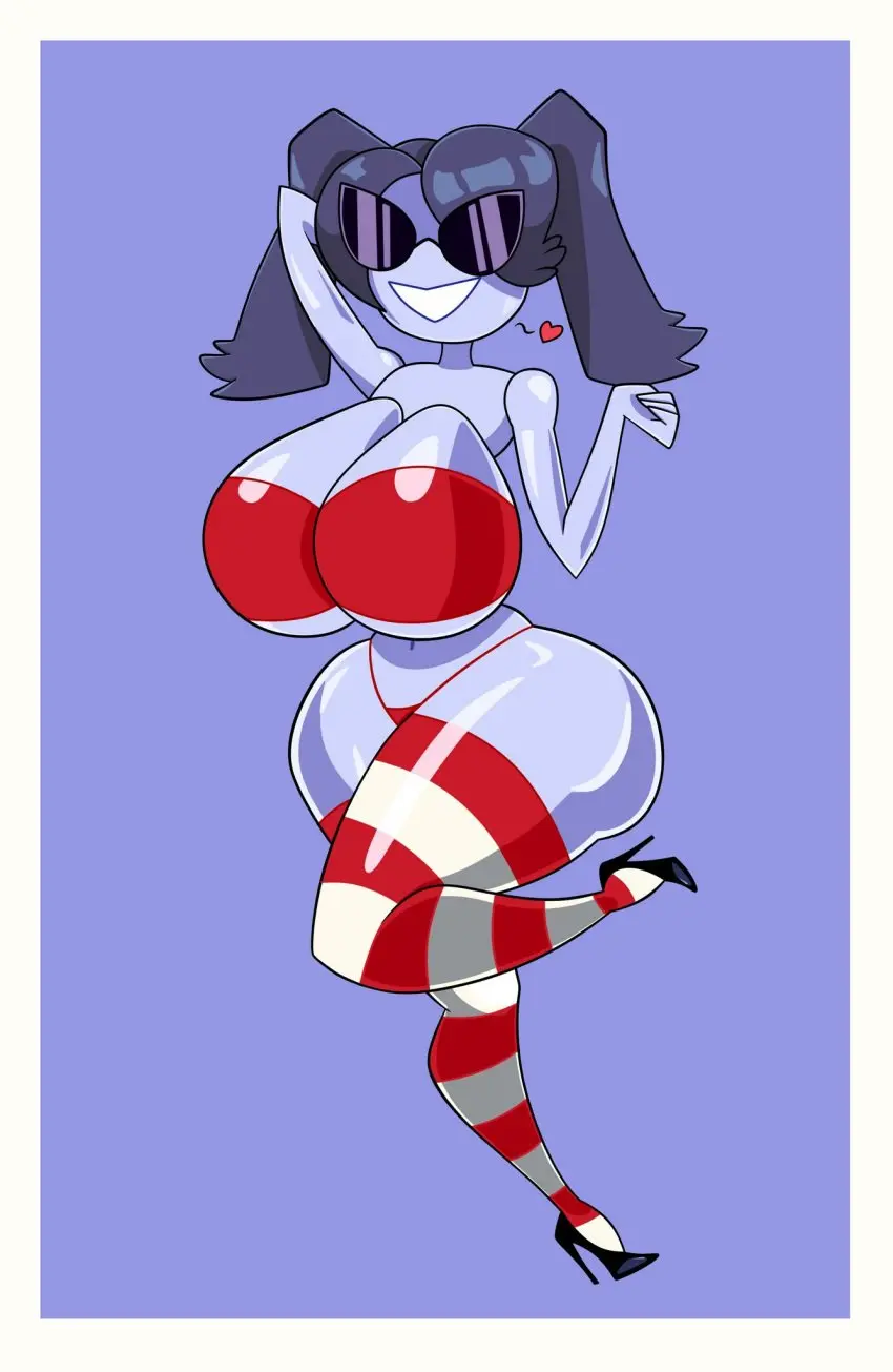 Image big_breasts,breasts,clothed,clothing,female,shiny_skin,bikini,disney,thick_thighs,thigh_socks,clothed_female,shiny,thick_ass,heels,bikini_top,heart,thong,sunglasses,skullgirls,arm_behind_head,squigly,knick_knack,sunnification,dumbp13