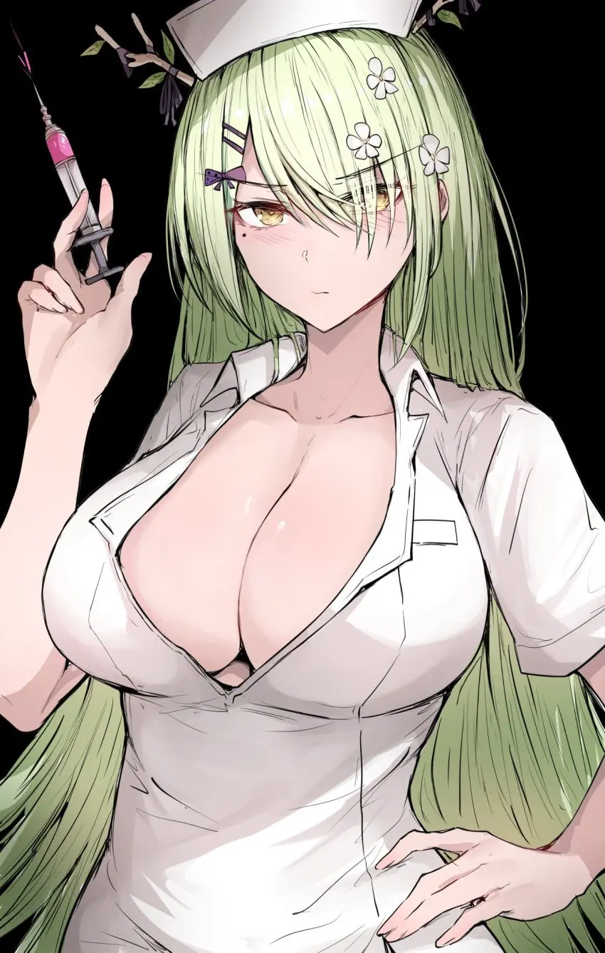 Image 1girls,breasts,female,large_breasts,virtual_youtuber,cleavage,hololive,hand_on_hip,cute,green_hair,hololive_english,hololive_english_-council-,hololive_english_-promise-,syringe,nurse,nurse_uniform,ceres_fauna,flowers_in_hair,sakiya
