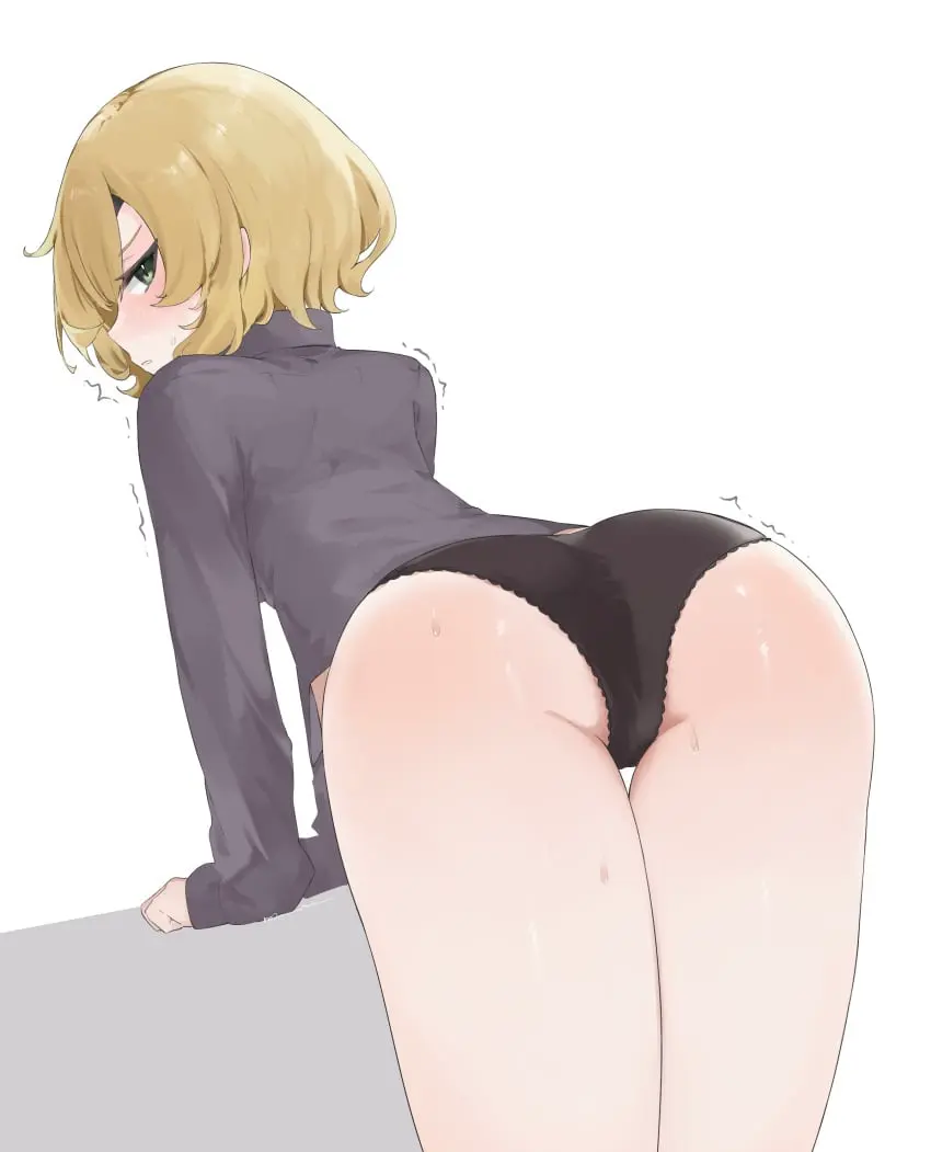 Image long_sleeves,short_hair,ass,looking_back,thighs,tagme,blonde_hair,green_eyes,black_panties,eye_patch,one_eye_covered,guardian_tales,grand_admiral_marina_(guardian_tales),marina_(guardian_tales),mzmz_(artist)