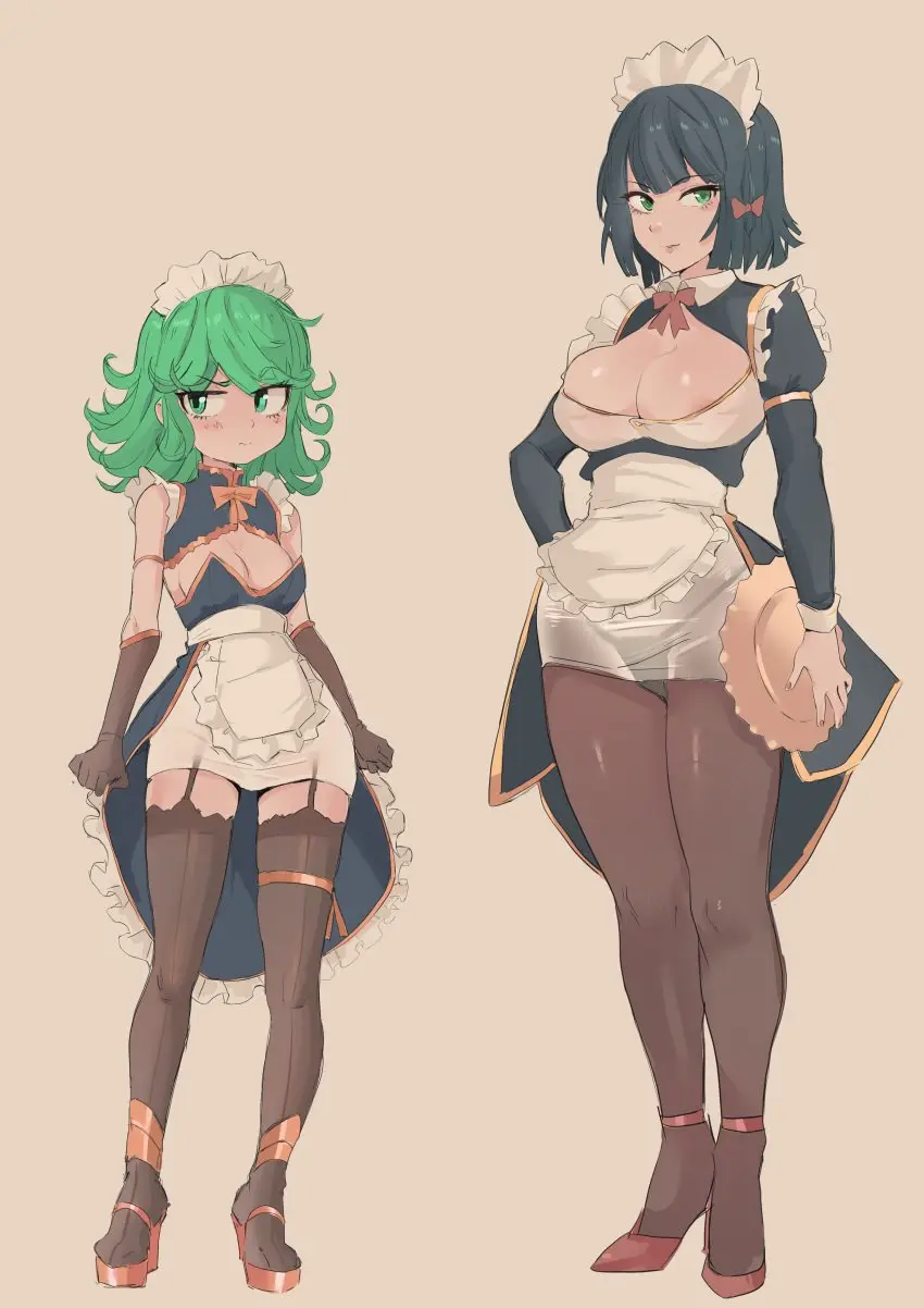 Image big_breasts,breasts,female,female_only,2girls,black_hair,gloves,multiple_girls,thighhighs,big_ass,big_butt,small_breasts,thick_thighs,thighs,athletic,green_eyes,legs,thick,thick_ass,stockings,green_hair,maid,maid_outfit,maid_uniform,big_thighs,thick_legs,athletic_female,pantyhose,one-punch_man,tatsumaki,smaller_female,fubuki_(one-punch_man),cafin
