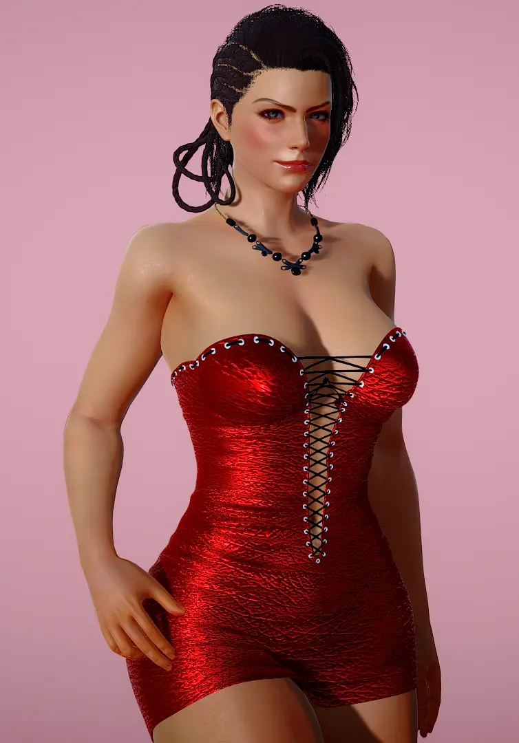 Image 1girls,blush,breasts,female,female_only,human,looking_at_viewer,solo,standing,black_hair,big_ass,dark_skin,wide_hips,waist,hair,medium_breasts,dress,necklace,dark-skinned_female,medium_hair,red_dress,asymmetrical_hair,latina,front_view,bandai_namco,red_clothing,png,pink_background,azucena_milagros_ortiz_castillo,namco,peruvian_female,tekken,tekken_8,minidress,cornrows