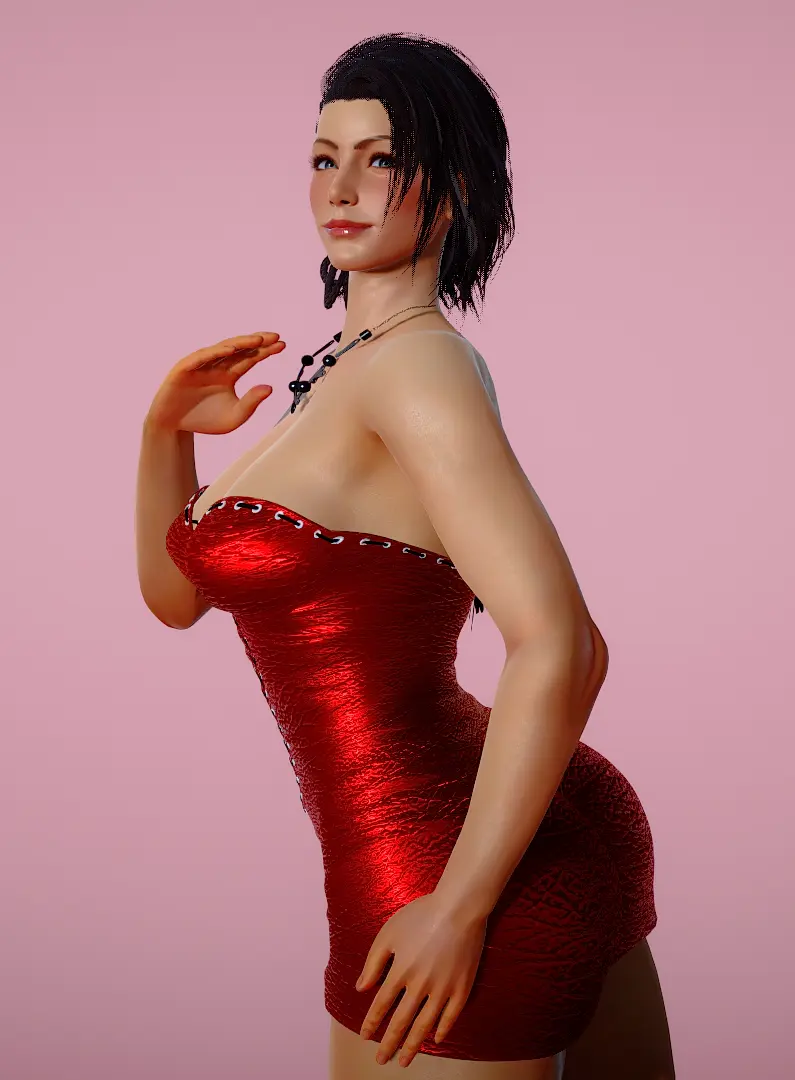 Image 1girls,blush,breasts,female,female_only,looking_at_viewer,smile,standing,black_hair,big_ass,huge_ass,dark_skin,waist,bare_shoulders,side_view,medium_breasts,dress,necklace,dark-skinned_female,medium_hair,red_dress,asymmetrical_hair,latina,bandai_namco,red_clothing,png,pink_background,azucena_milagros_ortiz_castillo,namco,peruvian_female,tekken,tekken_8,minidress