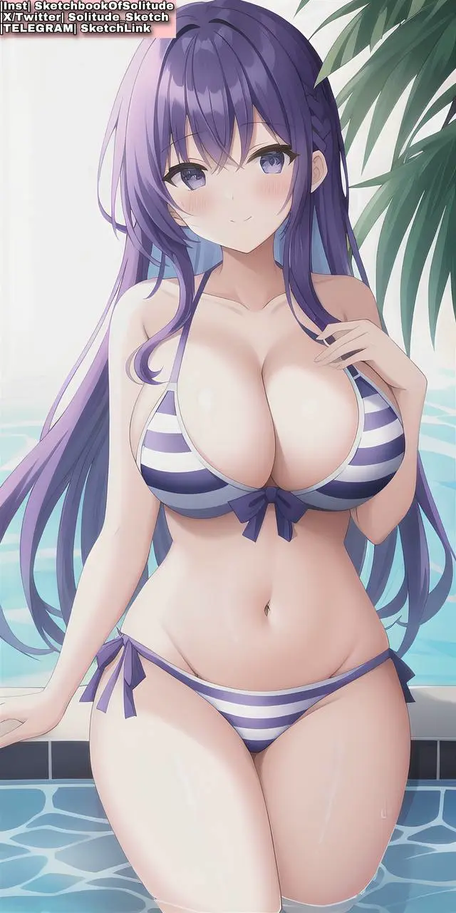 Image big_breasts,breasts,female,female_only,long_hair,bra,panties,striped_clothing,ai_generated,purple_eyes,purple_hair,female_human,striped_panties,anime,anime_style,ai_hands,soli_sketch,striped_bra