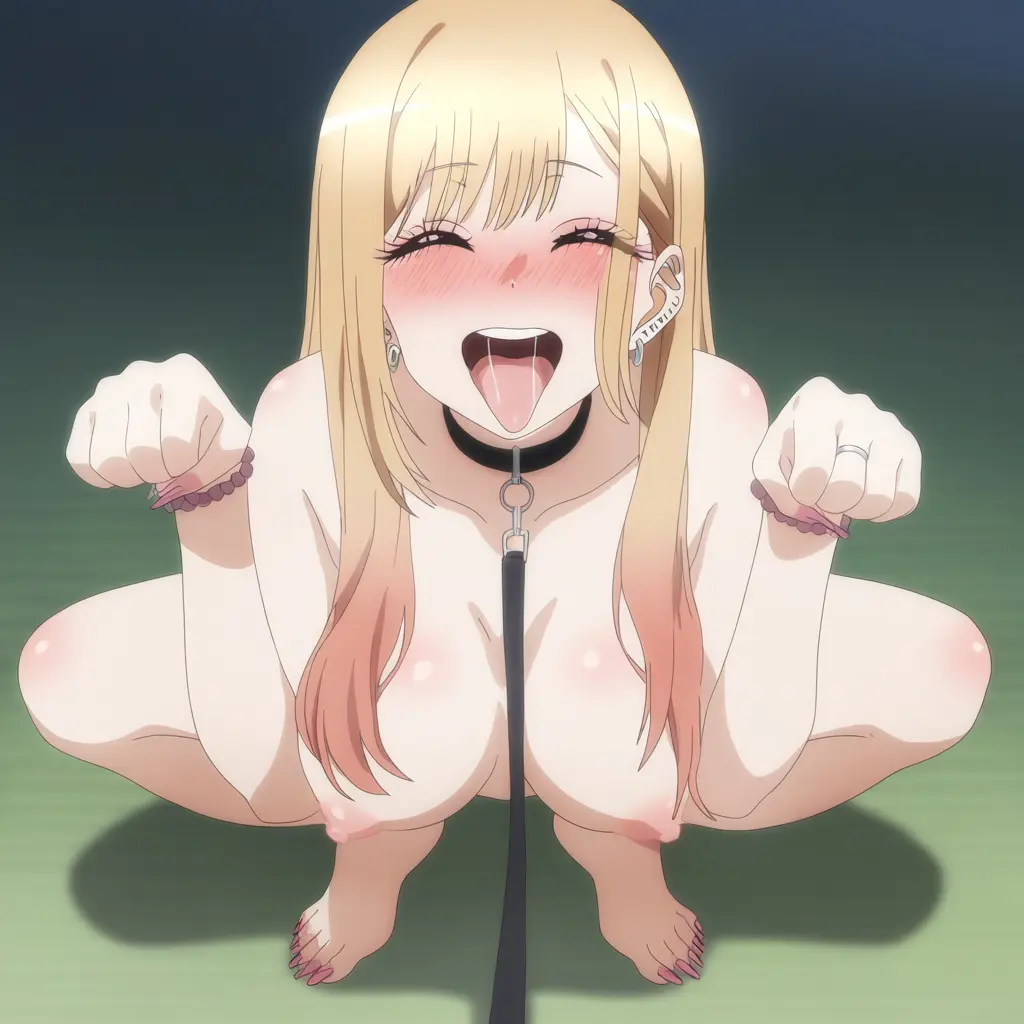 Image 1girls,big_breasts,blush,breasts,female,female_only,human,light-skinned_female,solo,tongue_out,ai_generated,blonde_hair,squatting,submissive_female,leash_and_collar,kitagawa_marin,sono_bisque_doll_wa_koi_wo_suru,happy_sub,paw_pose