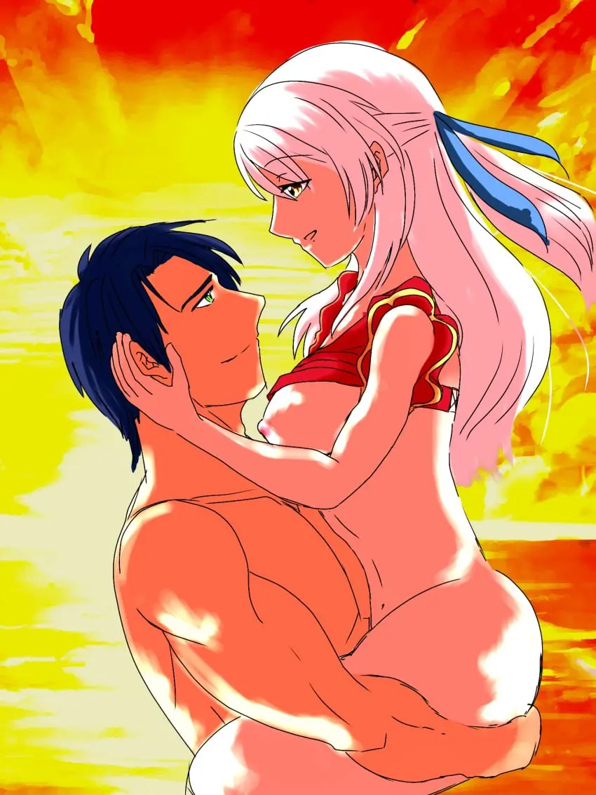 Image 1girls,breasts,breasts_out,female,nipples,smile,white_hair,1boy,blue_hair,male,nude,short_hair,yellow_eyes,bikini,ocean,nude_female,green_eyes,medium_breasts,swimsuit,nintendo,outdoors,looking_at_another,official_alternate_costume,alternate_costume,bikini_top,carrying_partner,fire_emblem,fire_emblem_heroes,carrying,wholesome,fire_emblem:_radiant_dawn,sunset,more_at_source,red_bikini,micaiah_(fire_emblem),red_swimsuit,car_mortar,zelgius_(fire_emblem)