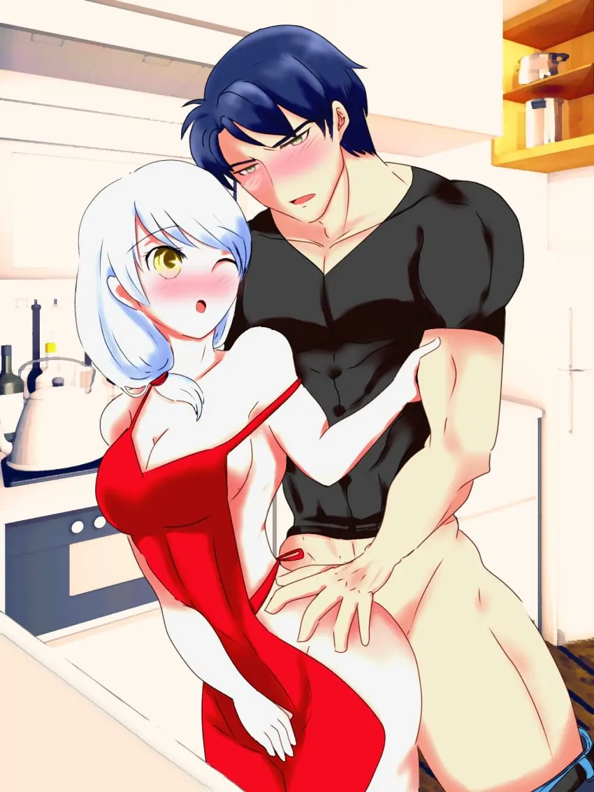 Image 1girls,blush,breasts,female,open_mouth,white_hair,1boy,blue_hair,male,short_hair,yellow_eyes,sex,thighs,muscular,muscular_male,bare_thighs,cleavage,sideboob,ambiguous_penetration,green_eyes,medium_breasts,one_eye_closed,indoors,nintendo,apron,fire_emblem,covering,kitchen,alternate_hairstyle,covering_crotch,fire_emblem:_radiant_dawn,naked_apron,micaiah_(fire_emblem),car_mortar,zelgius_(fire_emblem)