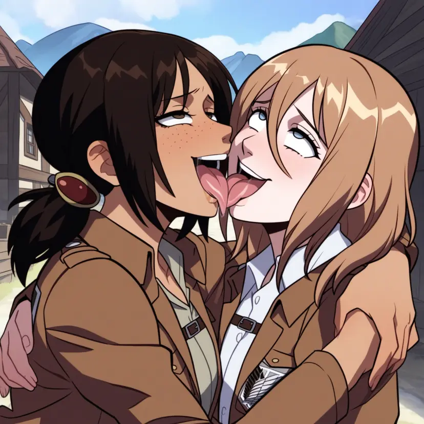 Image female,ai_generated,ahe_gao,yuri,kissing,attack_on_titan,tongue_kiss,shingeki_no_kyojin,french_kissing,christa_lenz,historia_reiss,ymir_(shingeki_no_kyojin),powerhouserift,tongue_touching_another's_tongue,tongues_touching