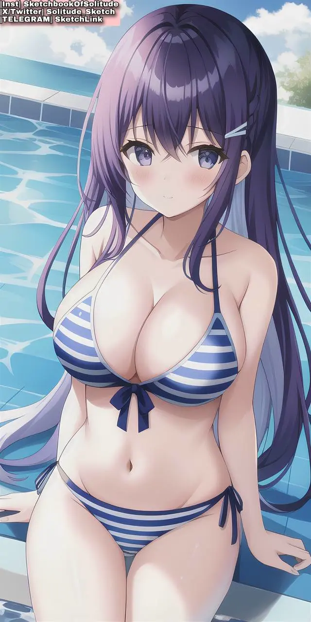 Image big_breasts,breasts,female,female_only,long_hair,bra,panties,striped_clothing,ai_generated,purple_eyes,purple_hair,female_human,striped_panties,anime,anime_style,ai_hands,soli_sketch,striped_bra