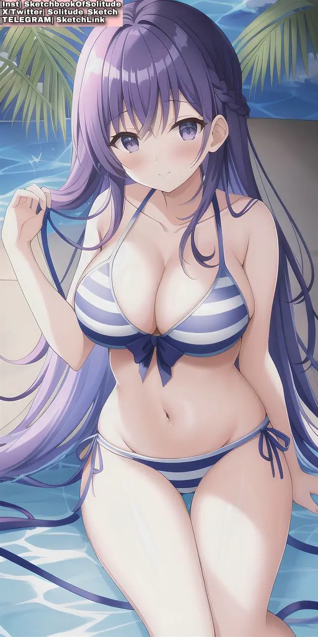 Image big_breasts,breasts,female,female_only,long_hair,bra,panties,striped_clothing,ai_generated,purple_eyes,purple_hair,female_human,striped_panties,anime,anime_style,ai_hands,soli_sketch,striped_bra
