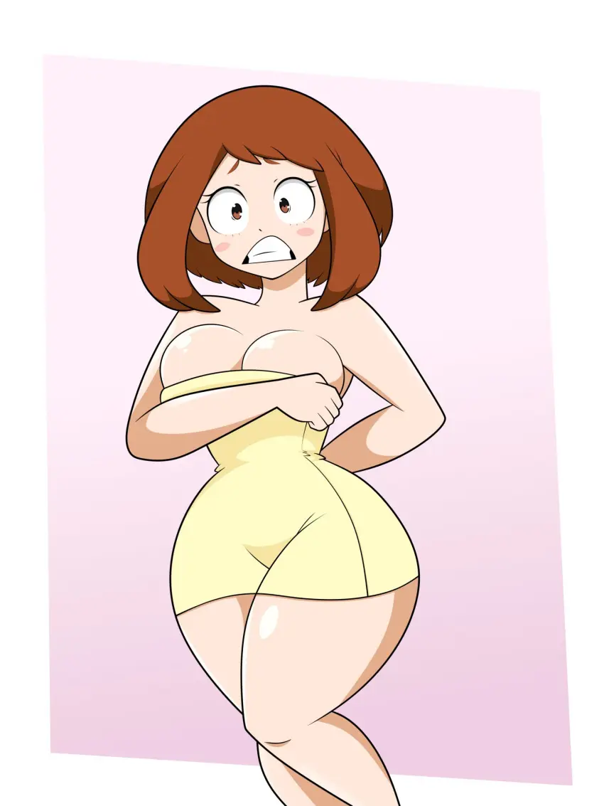 Image big_breasts,blush,breasts,brown_eyes,female,looking_at_viewer,shiny_skin,thick_thighs,embarrassed,shiny,my_hero_academia,ochako_uraraka,brown_hair,boku_no_hero_academia,towel,embarrassed_female,towel_only,alternate_version,after_shower,dumbp13
