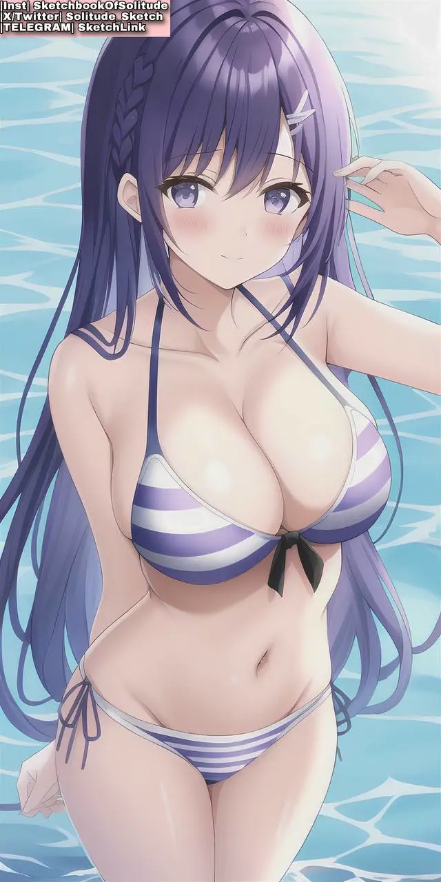 Image big_breasts,breasts,female,female_only,long_hair,bra,panties,striped_clothing,ai_generated,purple_eyes,purple_hair,female_human,striped_panties,anime,anime_style,ai_hands,soli_sketch,striped_bra