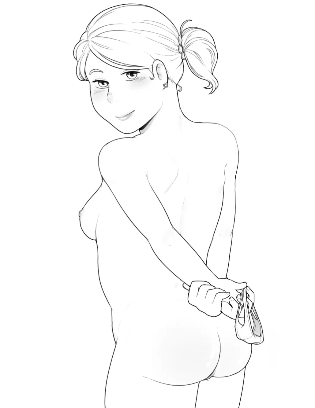 Image 1girls,blush,breasts,female,female_only,hair_ornament,human,looking_at_viewer,nipples,no_bra,smile,solo,standing,white_background,nude,ass,earrings,female_focus,looking_back,uncensored,ponytail,panties_aside,areolae,smiling,smiling_at_viewer,digital_drawing_(artwork),digital_media_(artwork),sideboob,nude_female,medium_breasts,naked,lips,original,original_character,cute,topless,black_and_white,blushing_at_viewer,side_ponytail,oc,naked_female,line_art,sketch,back_view,topless_female,blush_lines,panties_removed,backboob,heart_earrings,ass_cleavage,arms_behind_back,human_female,ponytail_female,holding_panties,holding_underwear,behind_view,bad_anatomy,backpussy,behind,hotfiresu,holding_unworn_clothes,panties_in_hand,pussy_from_behind