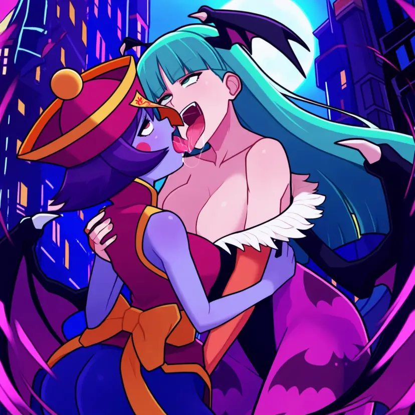 Image female,ai_generated,ahe_gao,yuri,kissing,darkstalkers,morrigan_aensland,succubus,tongue_kiss,french_kissing,powerhouserift,tongue_touching_another's_tongue,tongues_touching,hsien_ko,lei-lei,lei_lei
