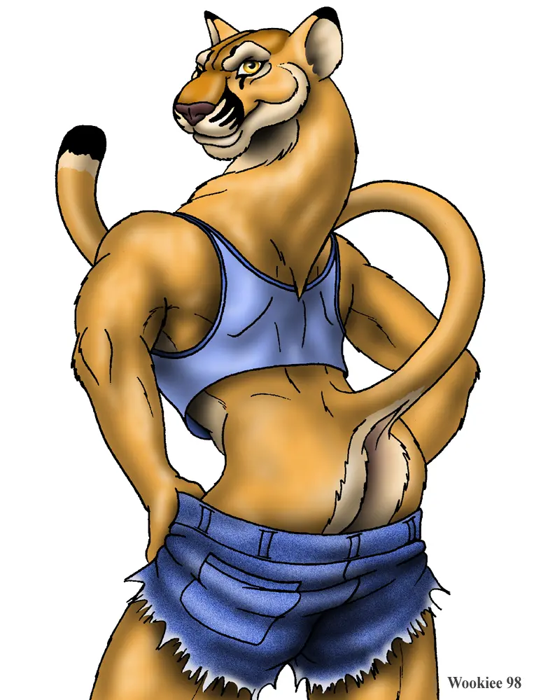 Image looking_at_viewer,pants,shirt,simple_background,smile,male,yellow_eyes,ass,looking_back,muscular,muscular_male,male_only,anthro,pants_down,muscular_anthro,yellow_body,yellow_fur,shorts,feline,back_view,felid,cougar,mooning,1990s,1998,20th_century,wooky