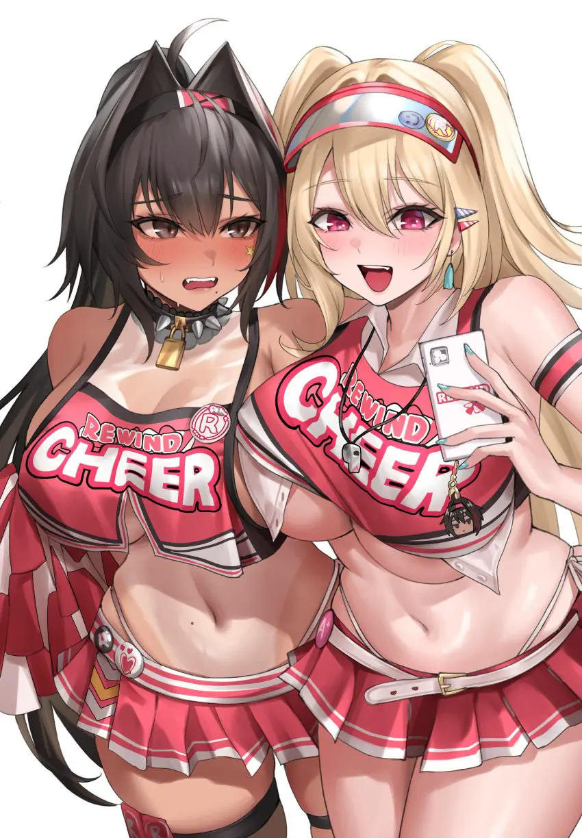 Image blush,breasts,brown_eyes,female,female_only,light-skinned_female,light_skin,long_hair,open_mouth,red_eyes,smile,white_background,2girls,navel,dark_skin,embarrassed,cleavage,hairband,midriff,underboob,huge_breasts,blonde_hair,brown_hair,dark-skinned_female,collar,selfie,bay_(nikke),goddess_of_victory:_nikke,phone,nervous,naughty_face,spiked_collar,cheerleader,cheerleader_uniform,chocolate_and_vanilla,clay_(nikke),kuronerinka
