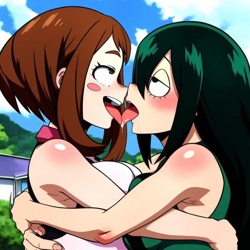 Image female,ai_generated,my_hero_academia,ochako_uraraka,ahe_gao,boku_no_hero_academia,yuri,kissing,tongue_kiss,french_kissing,tsuyu_asui,powerhouserift,tongue_touching_another's_tongue,tongues_touching