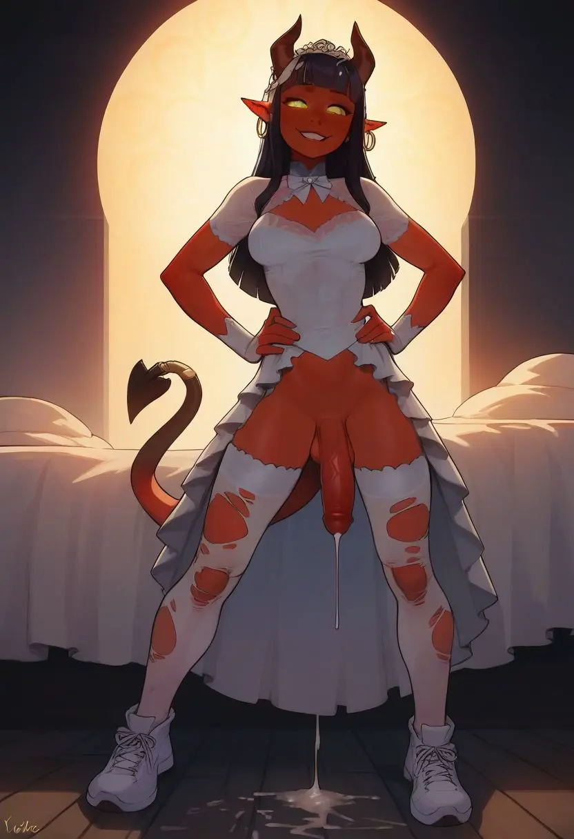 Image breasts,long_hair,looking_at_viewer,open_mouth,smile,solo,standing,bangs,black_hair,blunt_bangs,cum,cum_drip,gloves,penis,tail,thighhighs,white_legwear,yellow_eyes,demon_tail,big_penis,earrings,futanari,intersex,horns,ai_generated,bare_shoulders,grin,jewelry,teeth,balls,huge_cock,dress,pointy_ears,testicles,bed,smug,demon_girl,demon_horns,cum_dripping_from_penis,white_dress,dickgirl,no_panties,white_gloves,legs_apart,large_penis,red_skin,fingerless_gloves,oni_horns,succubus,long_penis,smug_face,cum_puddle,confident,hands_on_hips,wedding_dress,sneakers,demon_futa,kaynanen,torn_stockings,white_sneakers