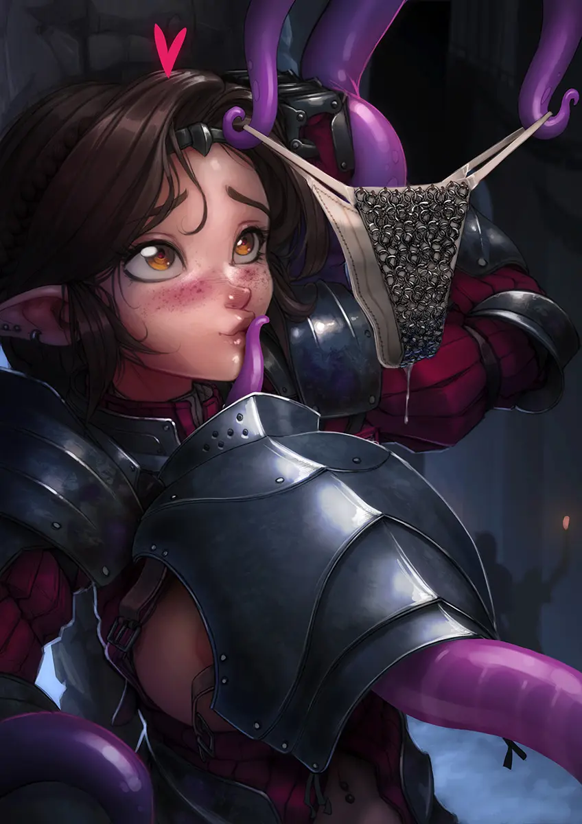 Image blush,female,elf,tentacle,elf_ears,elf_female,panties_removed,areola_slip,armor,wet_panties,tentacles_under_clothes,krakenkatz,chainmail,consensual_tentacles,chainmail_panties