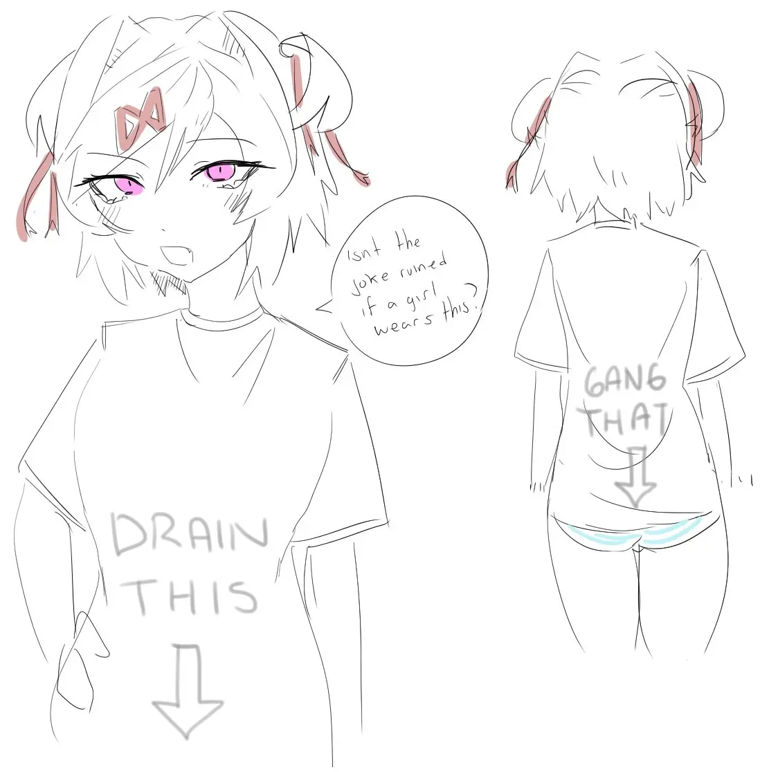 Image 1girls,female,open_mouth,shirt,panties,female_focus,solo_female,solo_focus,text,pink_eyes,back,fangs,oerba_yun_fang,english_text,back_view,front_view,speech_bubble,text_bubble,doki_doki_literature_club,exspiravitbag,natsuki_(doki_doki_literature_club),mouth_open,question,text_on_clothing,text_on_shirt,text_on_topwear,back_of_head,colored_eyes