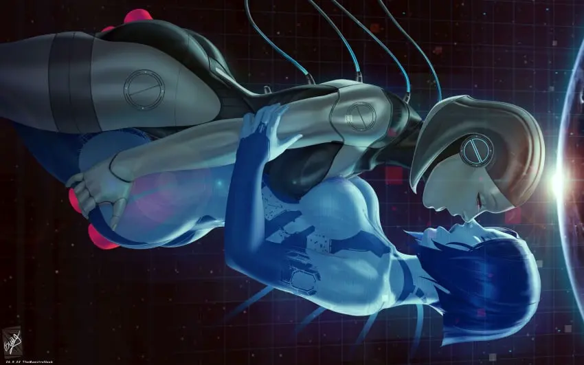 Image female,grey_hair,2girls,blue_hair,multiple_girls,yuri,grabbing_ass,lesbian,crossover,blue_skin,cortana,halo_(series),grey_skin,mass_effect,edi,themaestronoob