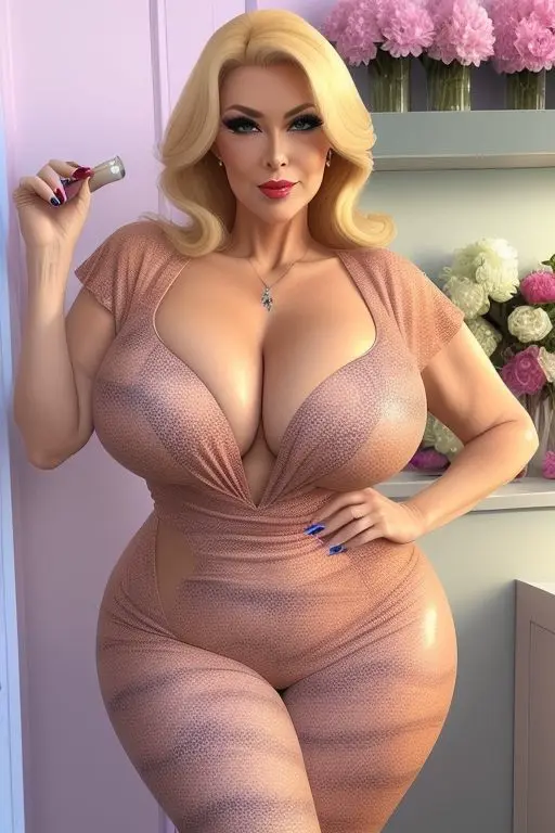 Image 1girls,breasts,clothing,female,smooth_skin,solo,standing,earrings,huge_ass,seductive,seductive_look,thick_thighs,voluptuous,ai_generated,cleavage,solo_female,huge_breasts,blonde_hair,dress,necklace,pose,red_lipstick,tight_clothing,gilf