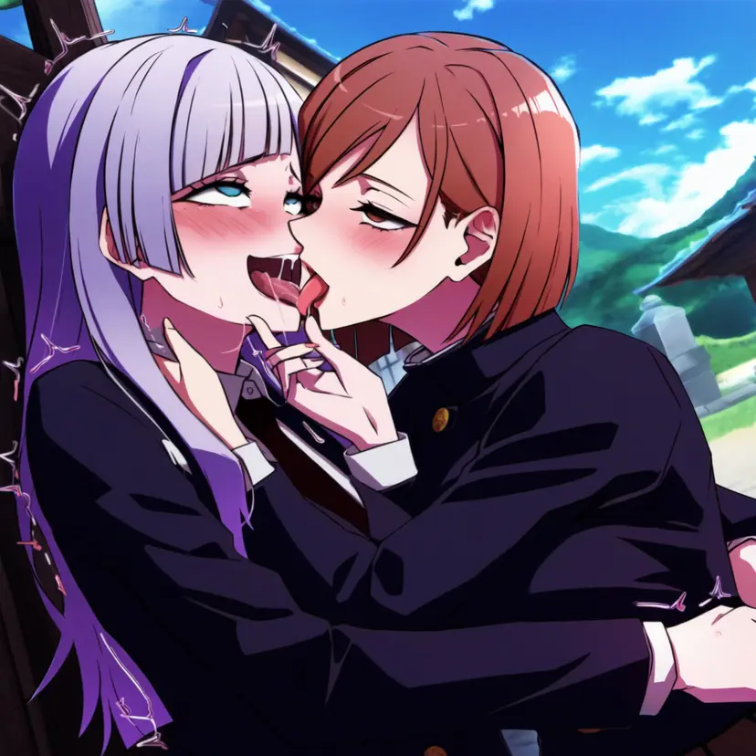 Image female,female_only,human,2girls,multiple_girls,ai_generated,ahe_gao,yuri,kissing,jujutsu_kaisen,kugisaki_nobara,tongue_kiss,french_kissing,powerhouserift,tongue_touching_another's_tongue,tongues_touching,kasumi_miwa,lgbtqia