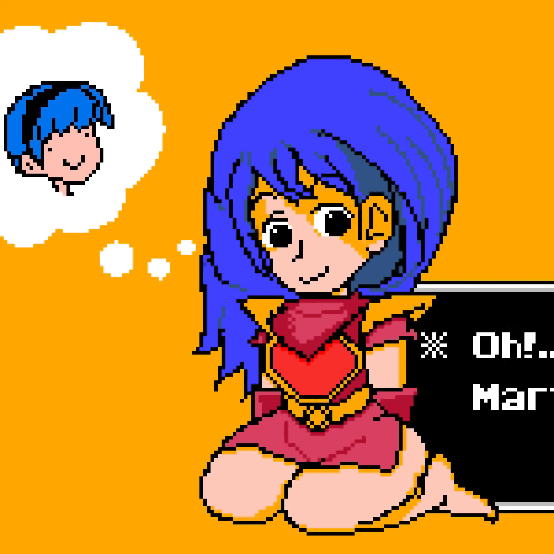 Image 1girls,female,female_only,long_hair,smile,solo,blue_hair,elbow_gloves,gloves,short_hair,kneeling,text,legs,nintendo,miniskirt,skirt,black_eyes,fire_emblem,english_text,text_box,pixel_art,imagining,armor,bare_legs,orange_background,caeda_(fire_emblem),fire_emblem:_mystery_of_the_emblem,ldyne,marth_(fire_emblem)