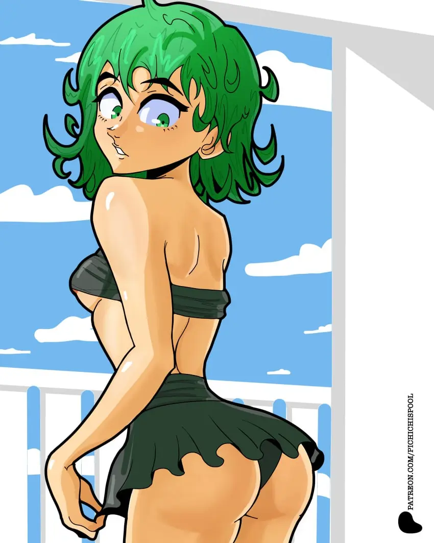 Image 1girls,breasts,female,female_only,solo,bikini,ass,bubble_butt,curly_hair,looking_back,small_breasts,underboob,green_eyes,green_hair,skirt,ass_focus,skinny,butt,nipple_slip,one-punch_man,tatsumaki,pichichi,source_removed