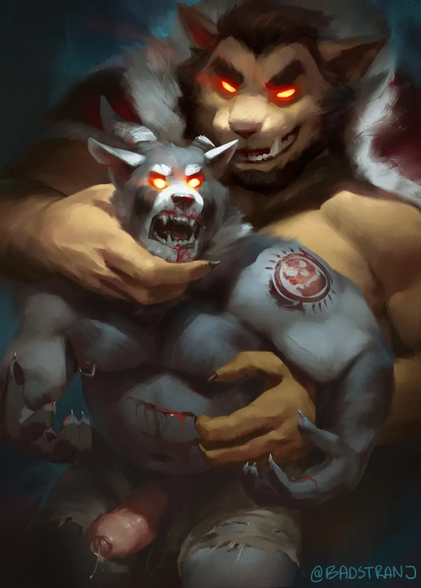 Image clothing,hi_res,nipples,open_mouth,pants,male,penis,tongue,duo,erection,humanoid,humanoid_penis,muscular,muscular_male,areola,male/male,tattoo,teeth,hair,size_difference,anthro,tan_body,piercing,brown_hair,saliva,blood,blood_on_face,glowing_eyes,slightly_chubby,bodily_fluids,genitals,grey_body,mammal,claws,muscular_anthro,horn,grabbing_from_behind,arm_tattoo,shoulder_tattoo,foreskin,uncircumcised,biped,nipple_piercing,4_fingers,fingers,humanoid_genitalia,signature,glans,slightly_chubby_anthro,beard,glowing,torn_pants,torn_clothing,bottomwear,tusks,facial_hair,slightly_chubby_male,musclegut,blood_on_hand,2_horns,neck_grab,broken_horn,torn_bottomwear,claw_marks,blood_on_mouth,muscular_humanoid,wounded,demonic,viverrid,clawing,bugbear,gaur_(gaurbeast),strange-fox,blood_from_wound,civet,minor_wound