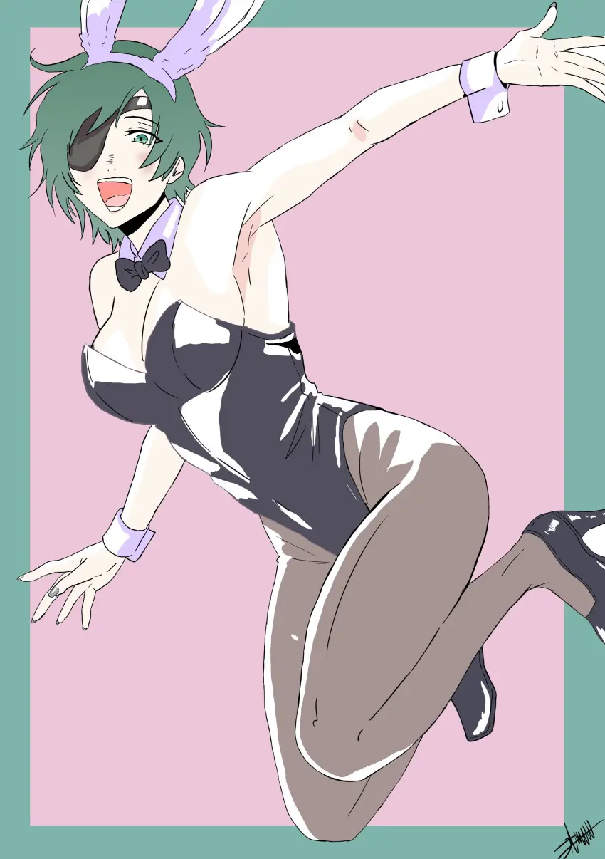 Image 1girls,big_breasts,breasts,female,female_only,armpits,cleavage,bunny_ears,heels,high_heels,bunnysuit,pantyhose,chainsaw_man,himeno_(chainsaw_man),laugh,gau_art