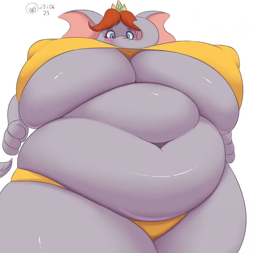 Image 1girls,blush,breasts,female,female_only,large_breasts,solo,blue_eyes,bikini,furry,thick_thighs,thighs,wide_hips,hips,belly,huge_belly,underboob,anthro,hyper_breasts,brown_hair,mario_(series),nintendo,princess_daisy,grey_body,bikini_top,stomach,flower,princess,bikini_bottom,nipple_bulge,blush_lines,fat,fat_female,overweight,overweight_female,hyper,obese,crown,obese_female,weight_gain,elephant,elephantid,super_mario_bros._wonder,elephant_daisy,elephant_humanoid,hidenafox,segmented_stomach