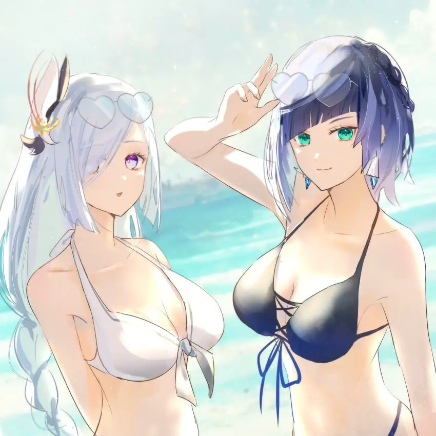 Image big_breasts,breasts,female,female_only,highres,light-skinned_female,light_skin,long_hair,looking_at_viewer,smile,standing,white_hair,2girls,blue_hair,short_hair,bikini,female_focus,hair_over_one_eye,two_tone_hair,smiling_at_viewer,ocean,sky,cleavage,sunglasses_on_head,swimsuit,mature_female,genshin_impact,outdoors,hourglass_figure,high_resolution,mature,day,sunglasses,braided_hair,summer,hoyoverse,clouds,arms_behind_back,shenhe_(genshin_impact),yelan_(genshin_impact),fuunooo