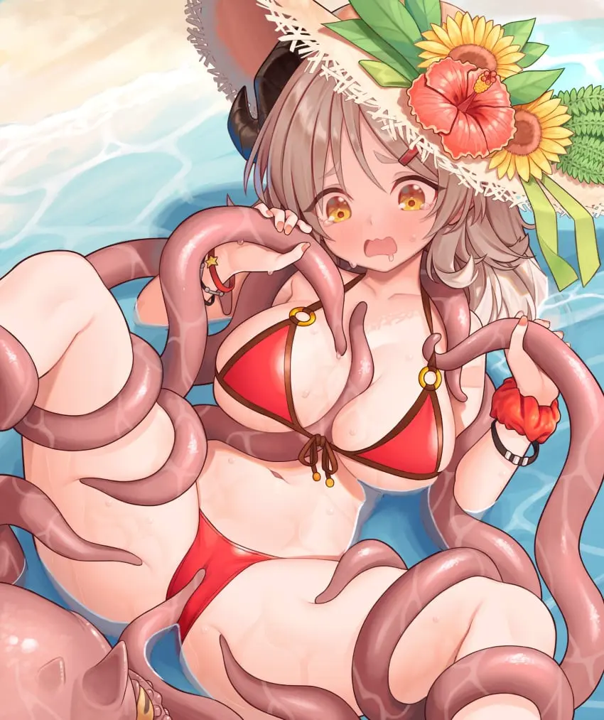 Image blush,breasts,brown_eyes,female,hair_ornament,highres,large_breasts,long_hair,open_mouth,absurdres,navel,sweat,yellow_eyes,blue_archive,bikini,hat,beach,water,horns,bare_shoulders,spread_legs,hairclip,swimsuit,wet,brown_hair,outdoors,restrained,tentacle,official_alternate_costume,flower,bondage,rape,octopus,o-ring,partially_submerged,day,zoophilia,bound,hat_flower,black_horns,stationary_restraints,sun_hat,cephalopod,straw_hat,red_bikini,bound_legs,tentacle_grab,curled_horns,front-tie_top,tickling,front-tie_bikini_top,hibiscus,o-ring_bikini,izumi_(blue_archive),nana_merou,izumi_(swimsuit)_(blue_archive),tickling_pussy