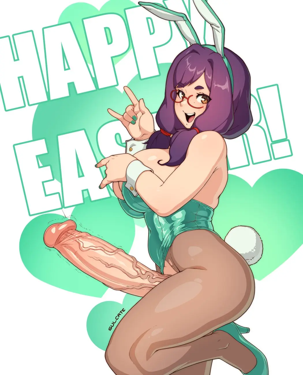 Image big_breasts,breasts,clothed,clothing,highres,human,large_breasts,light_skin,long_hair,looking_at_viewer,mostly_clothed,open_mouth,solo,animal_ears,penis,short_hair,tail,yellow_eyes,uncensored,1futa,erection,futanari,intersex,light-skinned_futa,veins,artist_name,teeth,glasses,huge_cock,veiny_penis,original,futa_only,rabbit_ears,purple_hair,high_heels,from_side,heart,playboy_bunny,2024,leotard,torn_clothes,fake_animal_ears,pantyhose,torn_pantyhose,shoes,green_leotard,fake_tail,upper_teeth_only,wrist_cuffs,easter,brown_pantyhose,green_footwear,white_wrist_cuffs,eggplant_(sulcate),happy_easter,sulcate
